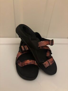 Chaco Black Sandals with Rust Orange Camo Straps